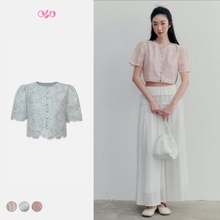 Áo croptop OLV dáng suông họa tiết ren hoa trẻ trung Ottilie và Keada phù hợp đi làm đi chơi