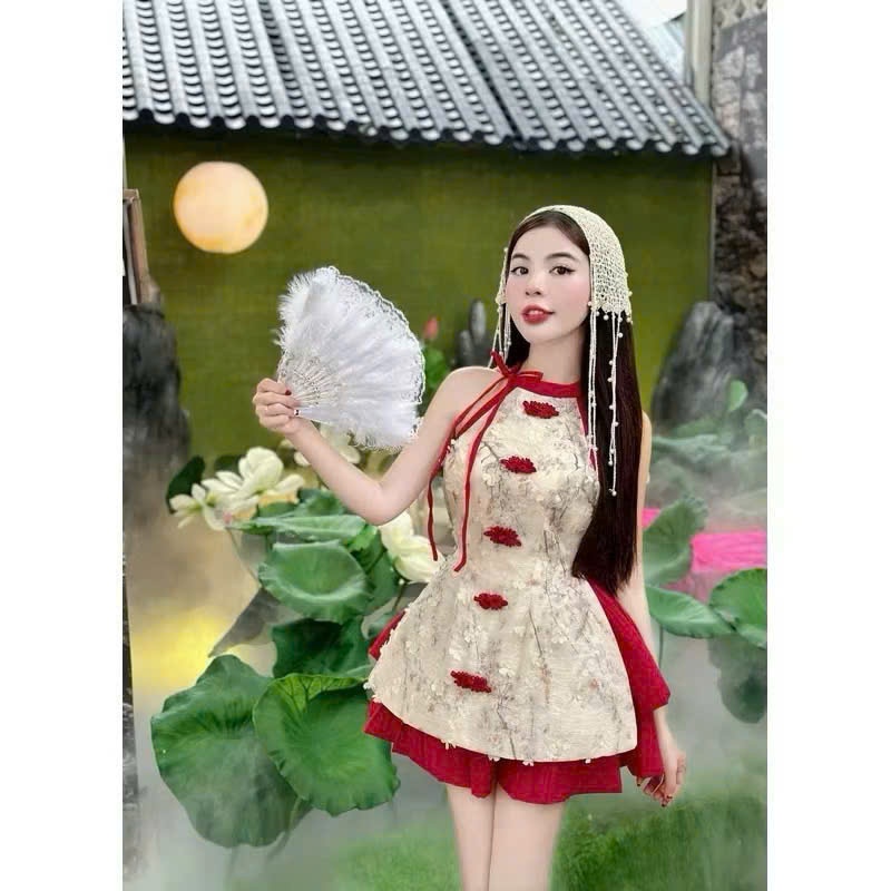 Set bộ cổ tàu mẹ và bé gái, áo cổ yếm cách tân mẹ và bé, phong cách truyền thống hiện đại, phù hợp đi chùa, lễ hội, tết