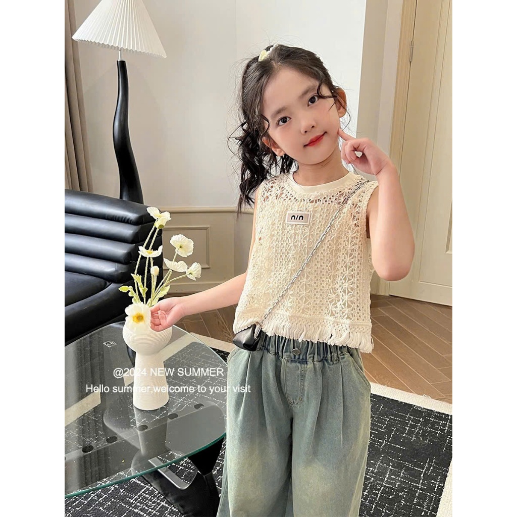 Set Đồ Bé Gái và Mẹ, Áo Croptop Ba Lỗ Ren Dịu Dàng Mix Cùng Chân Váy Jean Dài Xẻ Tà, Năng Động, Cá Tính, Đồ Đôi Mẹ Bé