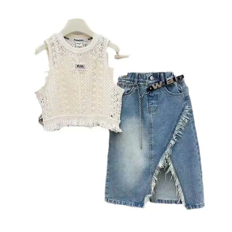Set Đồ Bé Gái và Mẹ, Áo Croptop Ba Lỗ Ren Dịu Dàng Mix Cùng Chân Váy Jean Dài Xẻ Tà, Năng Động, Cá Tính, Đồ Đôi Mẹ Bé