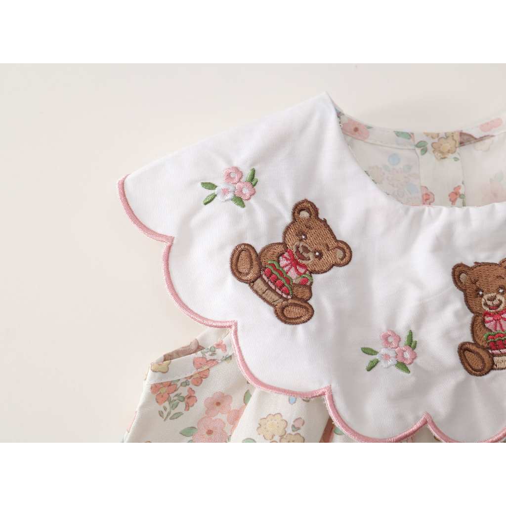 Váy Bé Gái Hania Kids, Váy Mùa Hè Cổ Tròn Họa Tiết Gấu Đáng Yêu Bé Mặc Hàng Ngày Chất Liệu Cotton