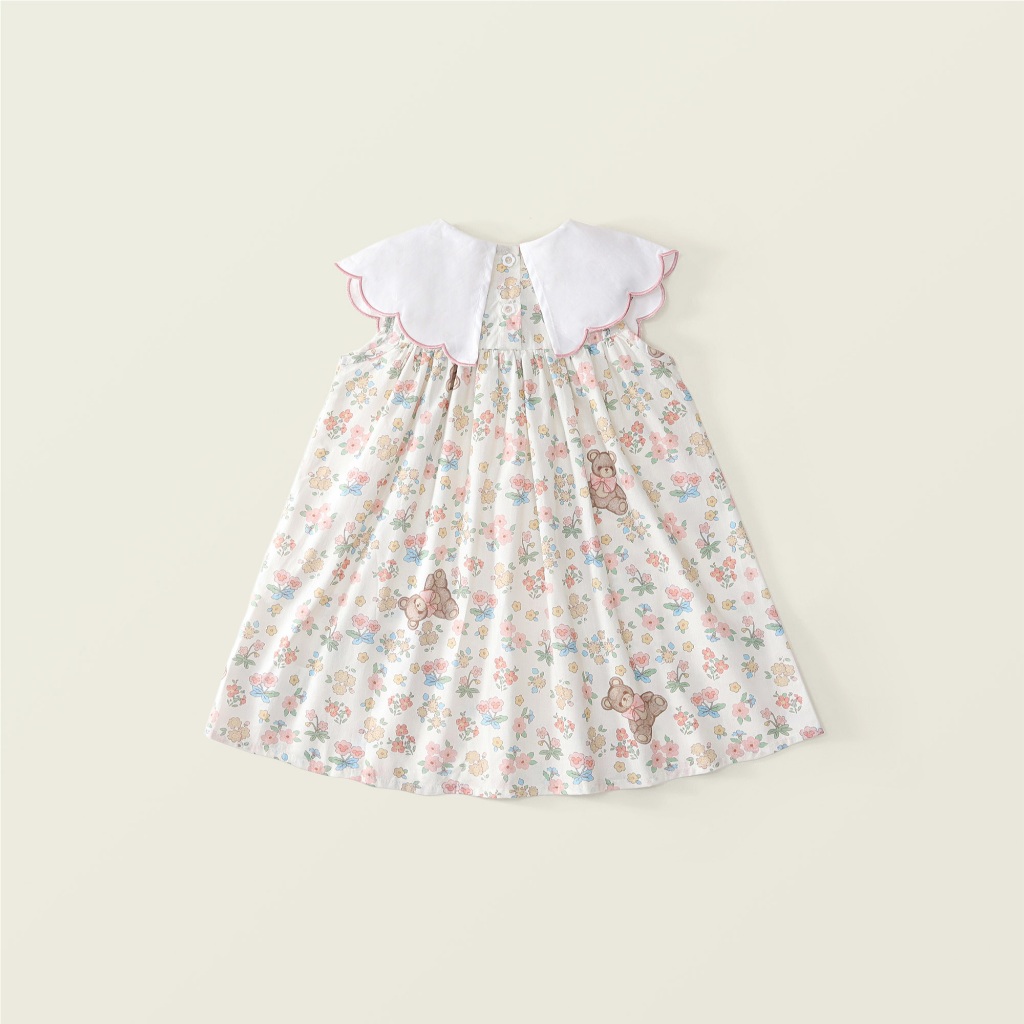 Váy Bé Gái Hania Kids, Váy Mùa Hè Cổ Tròn Họa Tiết Gấu Đáng Yêu Bé Mặc Hàng Ngày Chất Liệu Cotton