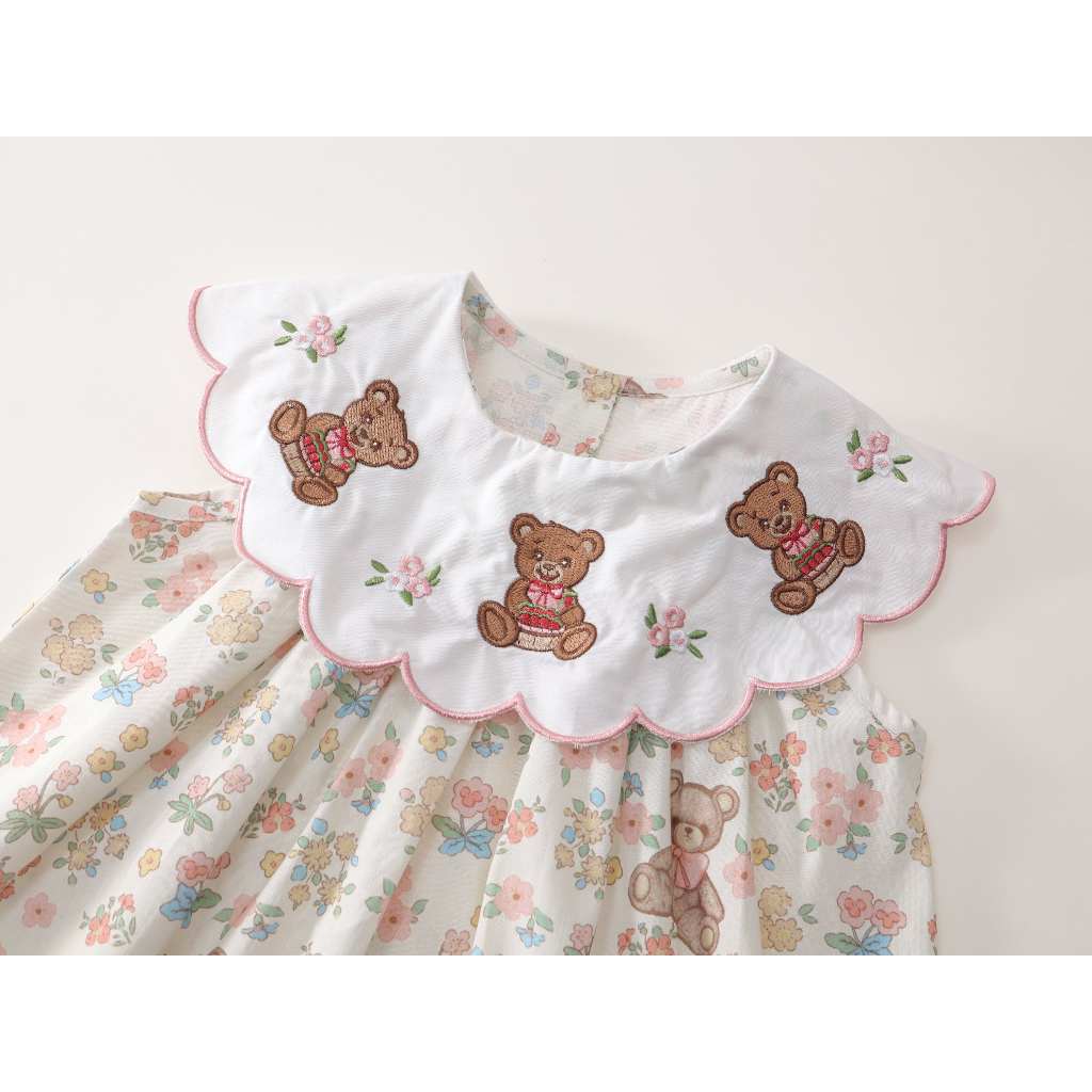 Váy Bé Gái Hania Kids, Váy Mùa Hè Cổ Tròn Họa Tiết Gấu Đáng Yêu Bé Mặc Hàng Ngày Chất Liệu Cotton