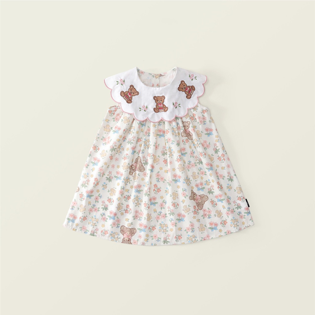 Váy Bé Gái Hania Kids, Váy Mùa Hè Cổ Tròn Họa Tiết Gấu Đáng Yêu Bé Mặc Hàng Ngày Chất Liệu Cotton