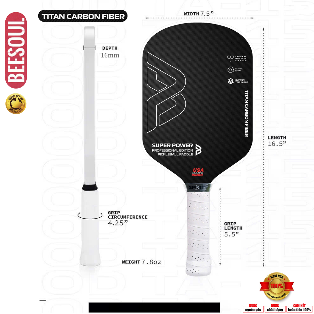 Vợt Pickleball CHÍNH HÃNG Beesoul siêu công 16mm mặt vợt carbon x2Spin công nghệ lõi Foam Gen 3