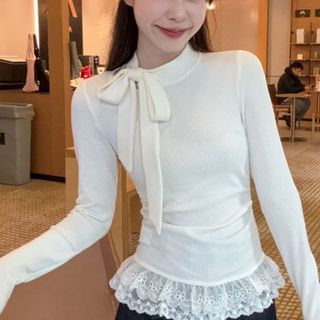 Áo thun tăm cổ nơ lệch tay dài dáng ôm chất liệu co giãn nhẹ phối ren viền trắng VANISA FL5
