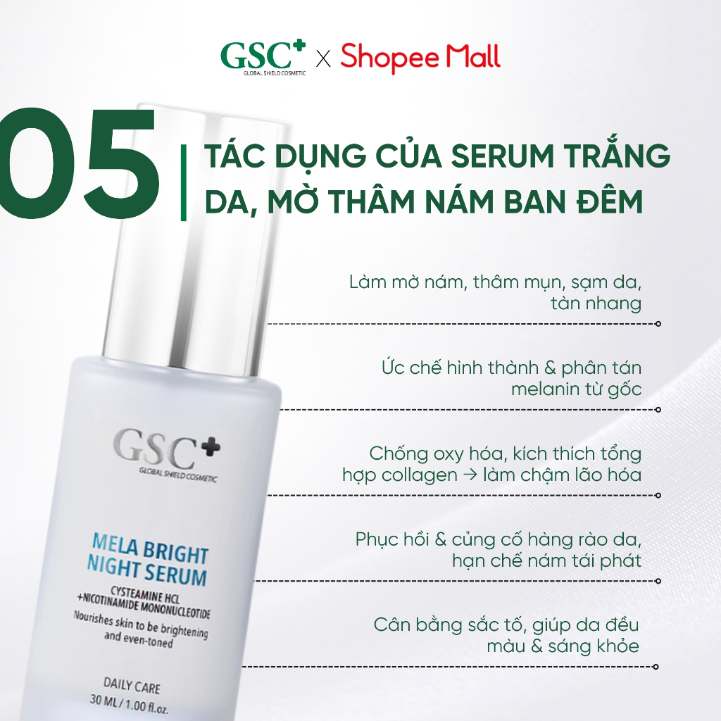 Serum GSC Mela Bright Night 30ml Chuẩn Hàn Quốc – Dưỡng Trắng, Làm Mờ Nám, Chống Oxy Hóa Ban Đêm - GC096A