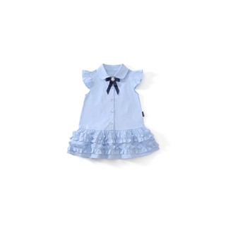 Váy Bé Gái Xanh Da Trời Ngắn Tay Đính Nơ Đen, Đầm Xòe Tầng Bèo Cotton, Chất Liệu Mềm Mịn