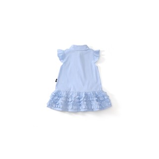 Váy Bé Gái Xanh Da Trời Ngắn Tay Đính Nơ Đen, Đầm Xòe Tầng Bèo Cotton, Chất Liệu Mềm Mịn