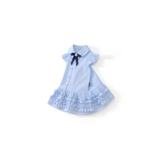 Váy Bé Gái Xanh Da Trời Ngắn Tay Đính Nơ Đen, Đầm Xòe Tầng Bèo Cotton, Chất Liệu Mềm Mịn