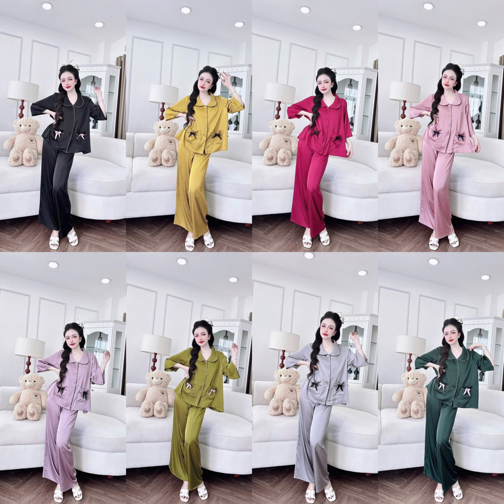 45-65kg bộ pijama viền nơ 2 túi tay loe lỡ lụa mịn latin