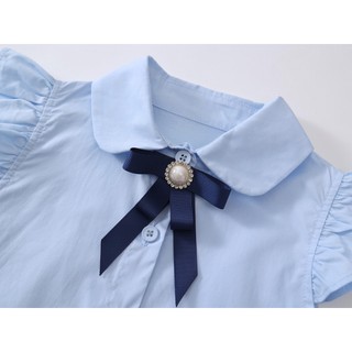 Váy Bé Gái Xanh Da Trời Ngắn Tay Đính Nơ Đen, Đầm Xòe Tầng Bèo Cotton, Chất Liệu Mềm Mịn