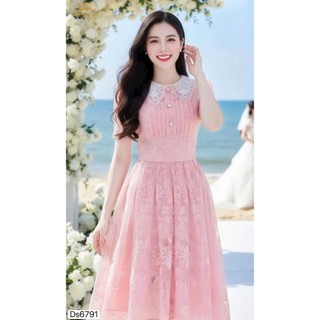 Đầm thời trang nữ thanh lịch chất ren cao cấp thêu hoa tao nhã tay ngắn cổ bèo váy dáng xòe sang chảnh