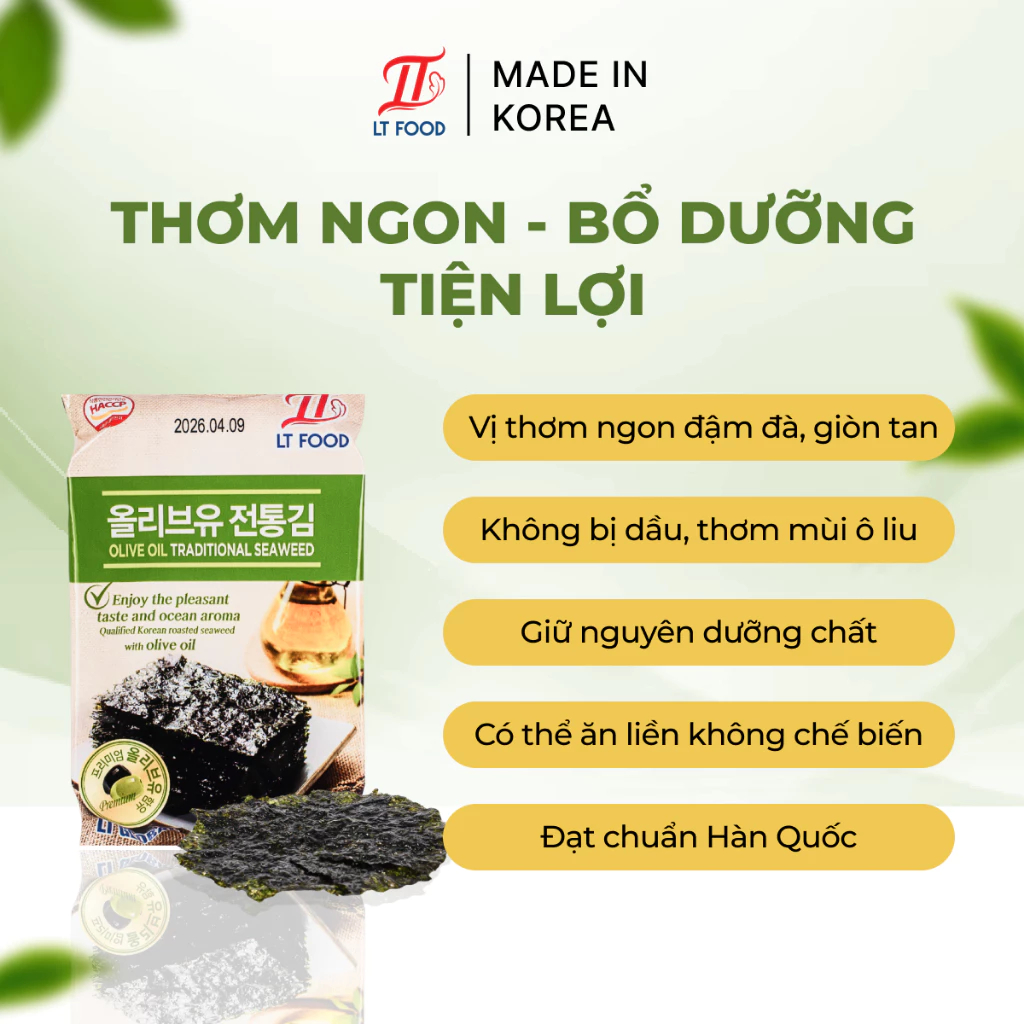 COMBO 18 Gói Rong Biển, Lá Kim Ăn Liền Hàn Quốc  Tẩm Dầu Oliu Không Lo Béo, Rong Biển Ăn Vặt LT Food