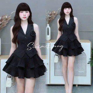 Set váy thời trang nữ phong cách trẻ trung chất tuyết mưa áo cổ vest đính hoa phối chân váy xòe tầng sang trọng