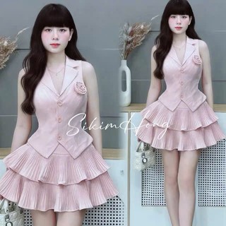 Set váy thời trang nữ phong cách trẻ trung chất tuyết mưa áo cổ vest đính hoa phối chân váy xòe tầng sang trọng