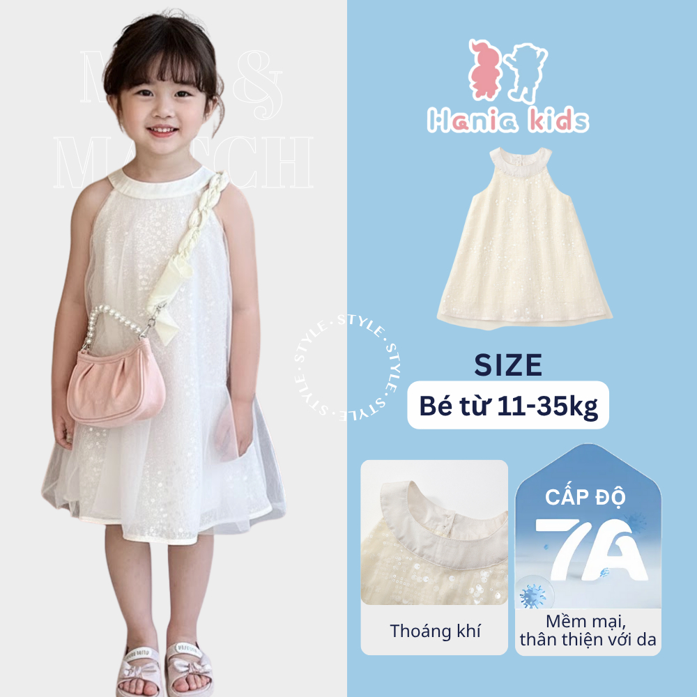 Váy Bé Gái Hania Kids Cổ Yếm 2 Lớp Phối Ren Kim Sa Lấp Lánh Bồng Bềnh