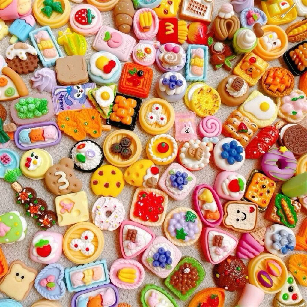 50 Túi Mù không trùng lặp Charm Đồ Ăn Chai Nước mini DIY Nhà Búp Bê,Kẹp Tóc, Trang Trí Ốp điện thoại, Túi mù Quà Tặng Bé
