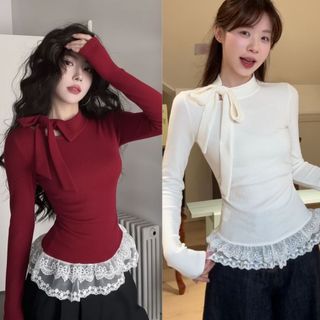 Áo thun tăm cổ nơ lệch tay dài dáng ôm chất liệu co giãn nhẹ phối ren viền trắng VANISA FL5