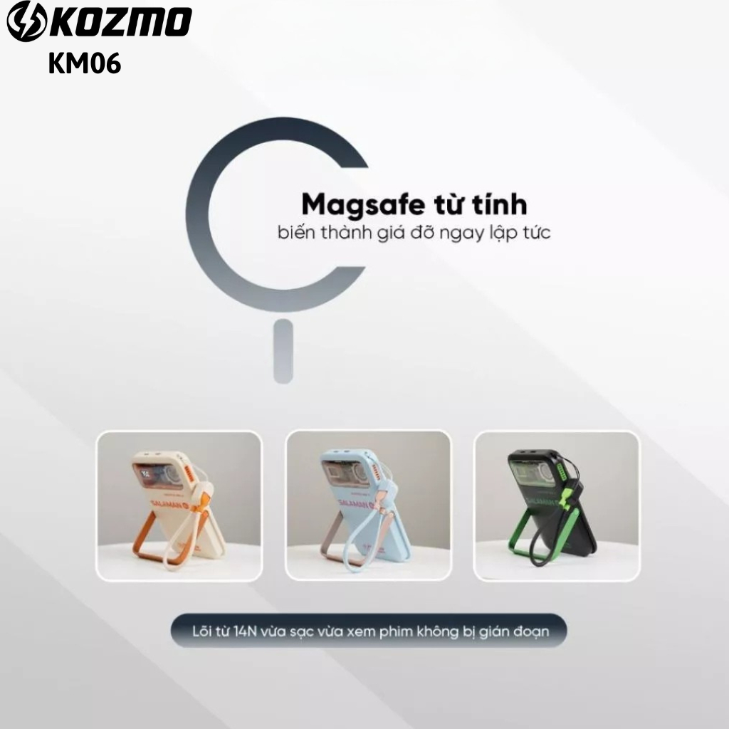 Bộ Sạc Kèm Dây Hít Nam Châm KOZMO6 10000mAh – Siêu Mỏng, Tản Nhiệt, Màn Hình LED, Sạc Nhanh Tiện Lợi