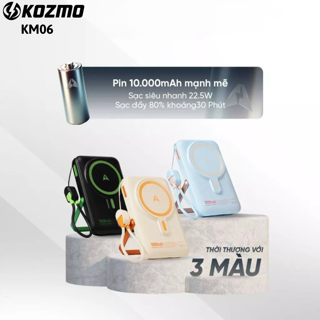 Bộ Sạc Kèm Dây Hít Nam Châm KOZMO6 10000mAh – Siêu Mỏng, Tản Nhiệt, Màn Hình LED, Sạc Nhanh Tiện Lợi