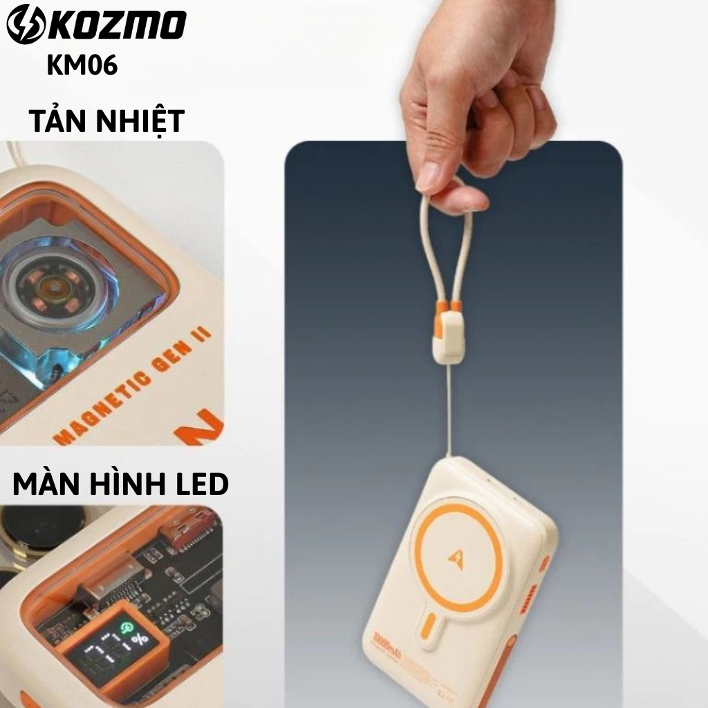 Bộ Sạc Kèm Dây Hít Nam Châm KOZMO6 10000mAh – Siêu Mỏng, Tản Nhiệt, Màn Hình LED, Sạc Nhanh Tiện Lợi