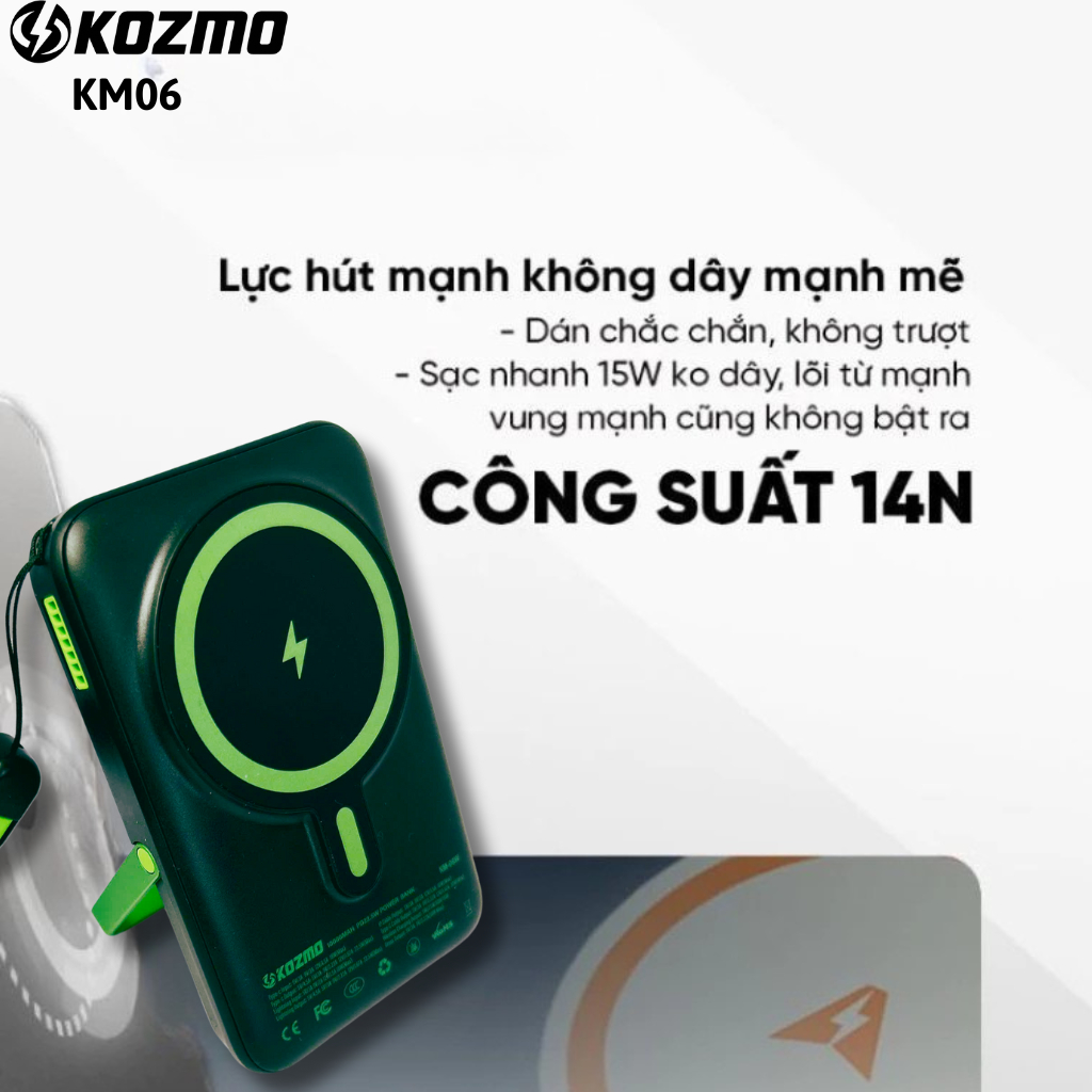 Bộ Sạc Kèm Dây Hít Nam Châm KOZMO6 10000mAh – Siêu Mỏng, Tản Nhiệt, Màn Hình LED, Sạc Nhanh Tiện Lợi
