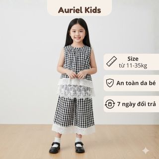 Set Đồ Bé Gái Caro Đen Trắng Dễ Thương, Áo Không Tay Và Quần Lửng Phối Ren Mùa Hè