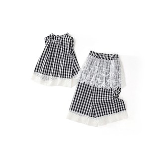 Set Đồ Bé Gái Caro Đen Trắng Dễ Thương, Áo Không Tay Và Quần Lửng Phối Ren Mùa Hè