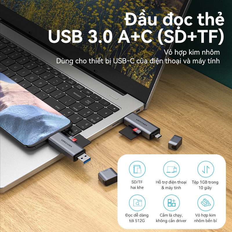 Đầu Đọc Thẻ Nhớ Kép Vention USB 3.0 Type-A & Type-C – Hỗ Trợ Thẻ SD/TF, Tốc Độ Cao, Thiết Kế Hợp Kim Nhôm Sang Trọng
