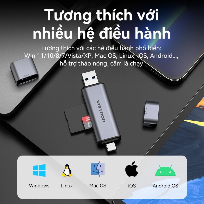 Đầu Đọc Thẻ Nhớ Kép Vention USB 3.0 Type-A & Type-C – Hỗ Trợ Thẻ SD/TF, Tốc Độ Cao, Thiết Kế Hợp Kim Nhôm Sang Trọng