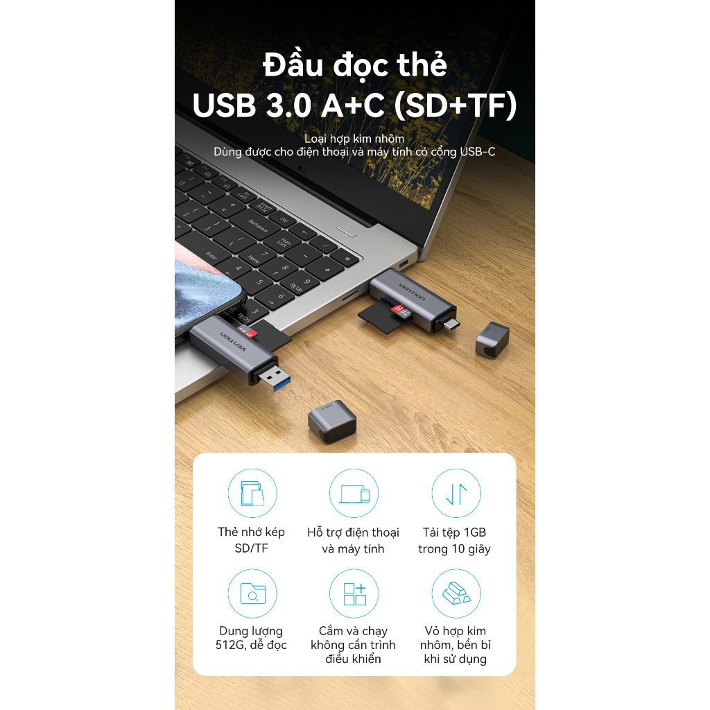 Đầu Đọc Thẻ Nhớ Kép Vention USB 3.0 Type-A & Type-C – Hỗ Trợ Thẻ SD/TF, Tốc Độ Cao, Thiết Kế Hợp Kim Nhôm Sang Trọng