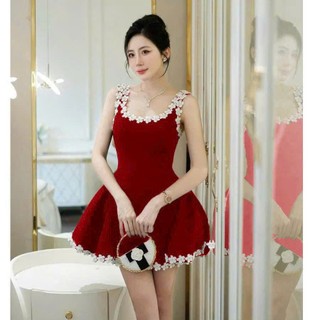 Đầm thờ trang nữ phong cách thời thượng chất nhung 2 dây đính viền hoa váy dáng mini xòe thiết kế sang trọng