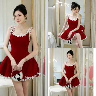 Đầm thờ trang nữ phong cách thời thượng chất nhung 2 dây đính viền hoa váy dáng mini xòe thiết kế sang trọng