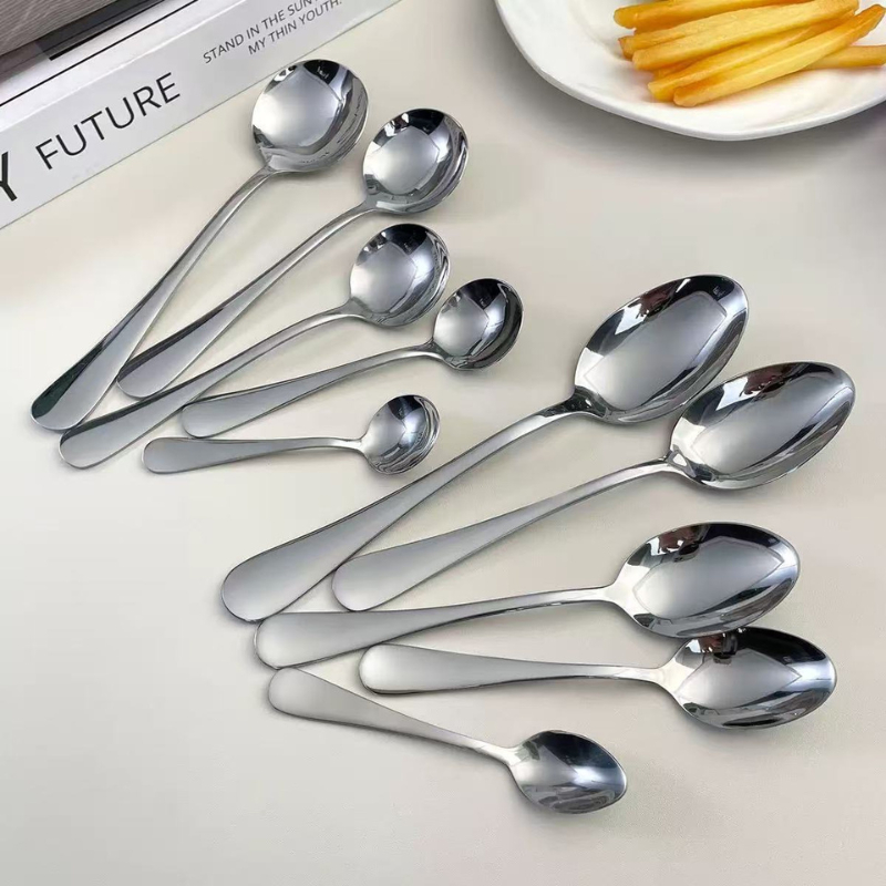 Bộ 6 Cái Muỗng Thìa Inox KOOBEE – 5 Size Miệng Thon & 5 Size Miệng Tròn, Chống Trượt, Sáng Bóng, Dày Dặn Cao Cấp 1010