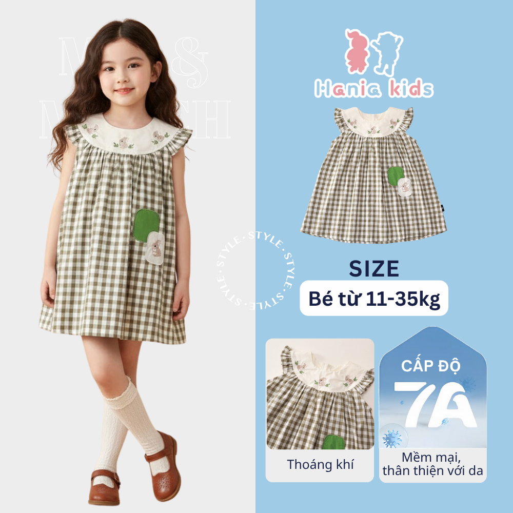 Váy Bé Gái Hania Kids Dáng Chữ A Phối Kẻ Caro Màu Đen Thêu Thỏ Con Dễ Thương Trước Ngực