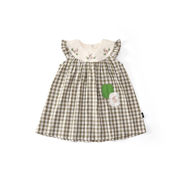 Váy Bé Gái Hania Kids Dáng Chữ A Phối Kẻ Caro Màu Đen Thêu Thỏ Con Dễ Thương Trước Ngực