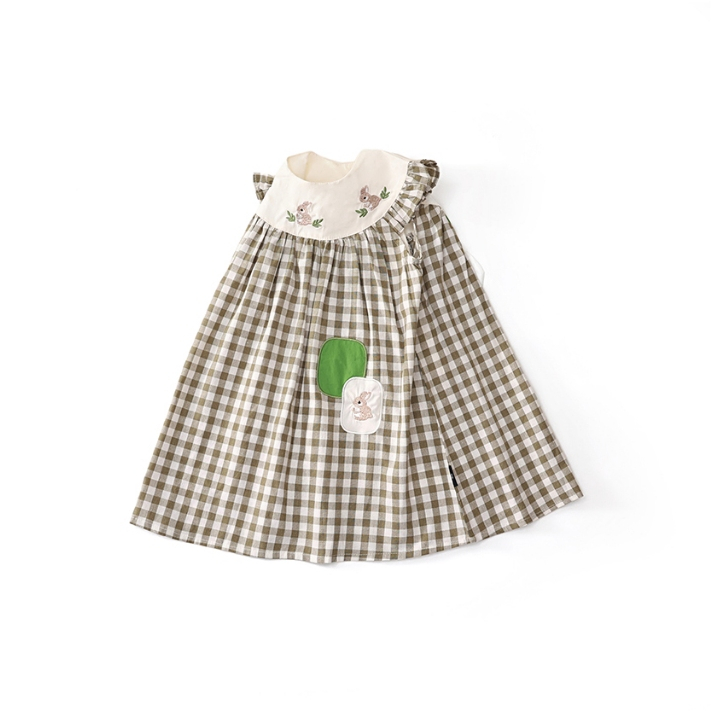 Váy Bé Gái Hania Kids Dáng Chữ A Phối Kẻ Caro Màu Đen Thêu Thỏ Con Dễ Thương Trước Ngực