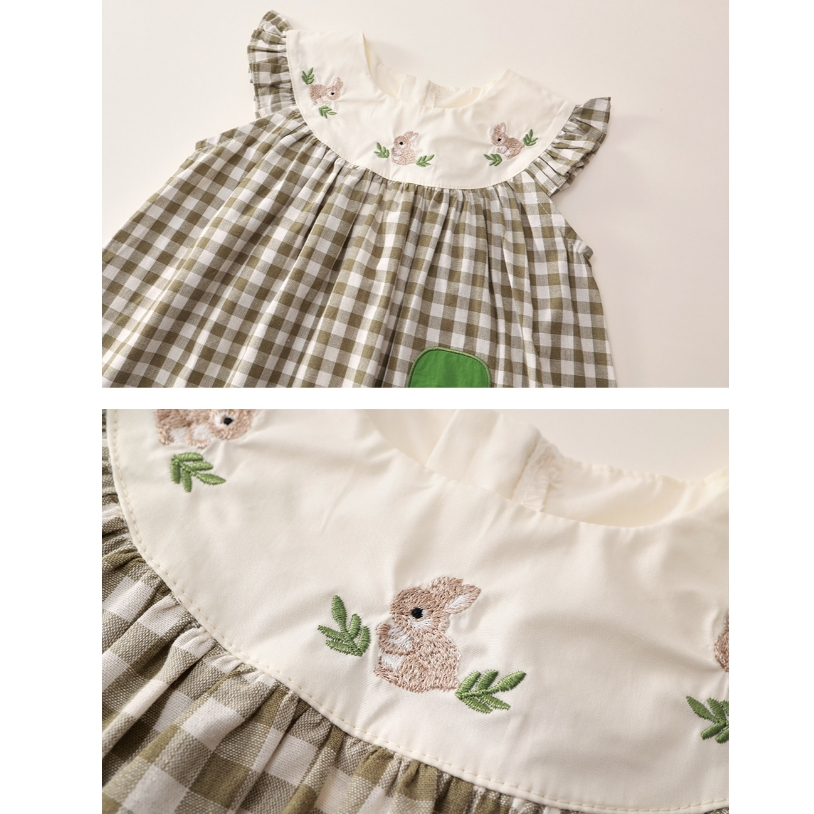 Váy Bé Gái Hania Kids Dáng Chữ A Phối Kẻ Caro Màu Đen Thêu Thỏ Con Dễ Thương Trước Ngực