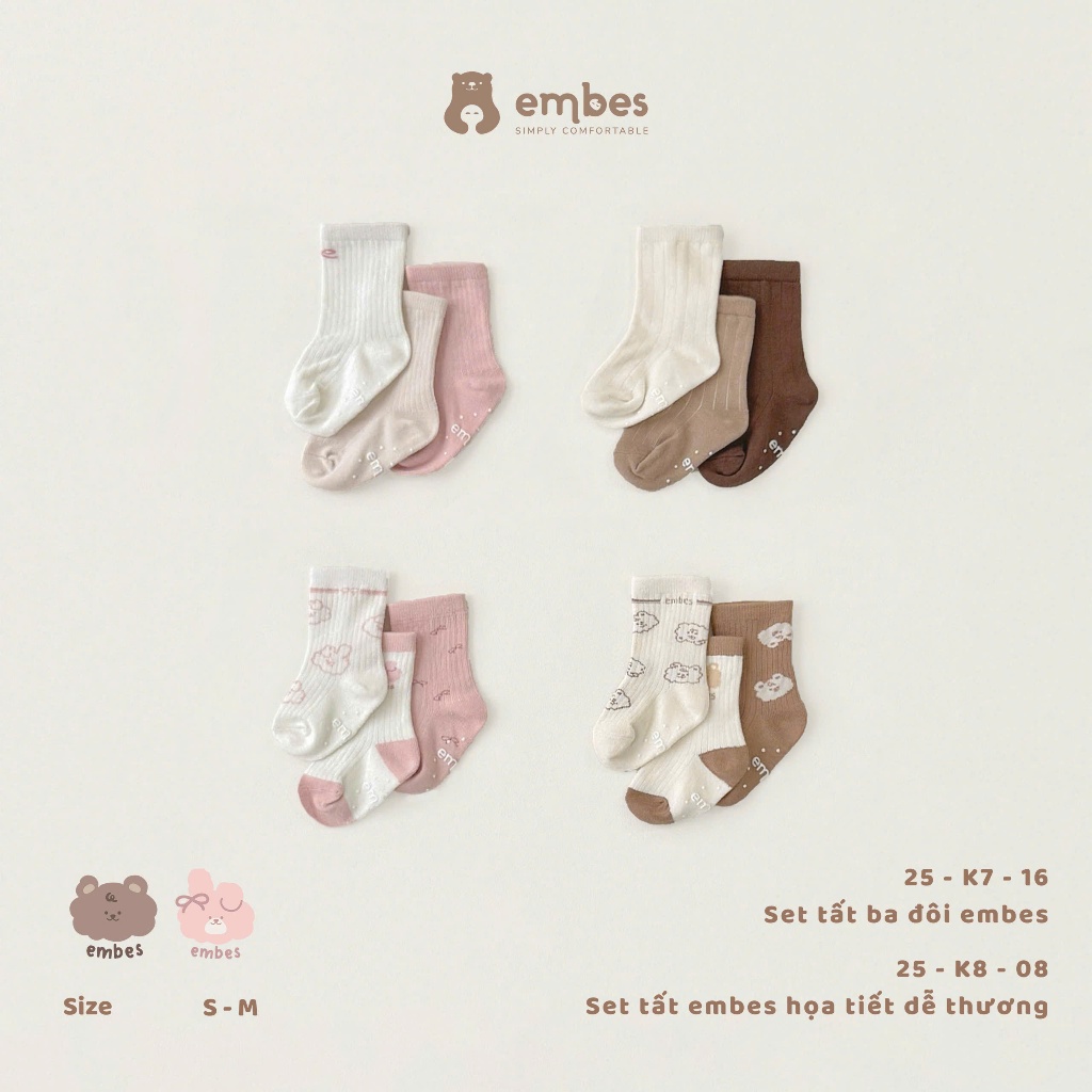 Tất Cho Bé Embes, Set 3 Đôi Vớ Chống Trơn Chất Cotton Mềm Mại Co Giãn Cho Bé Trai Bé Gái Từ 1-4 Tuổi