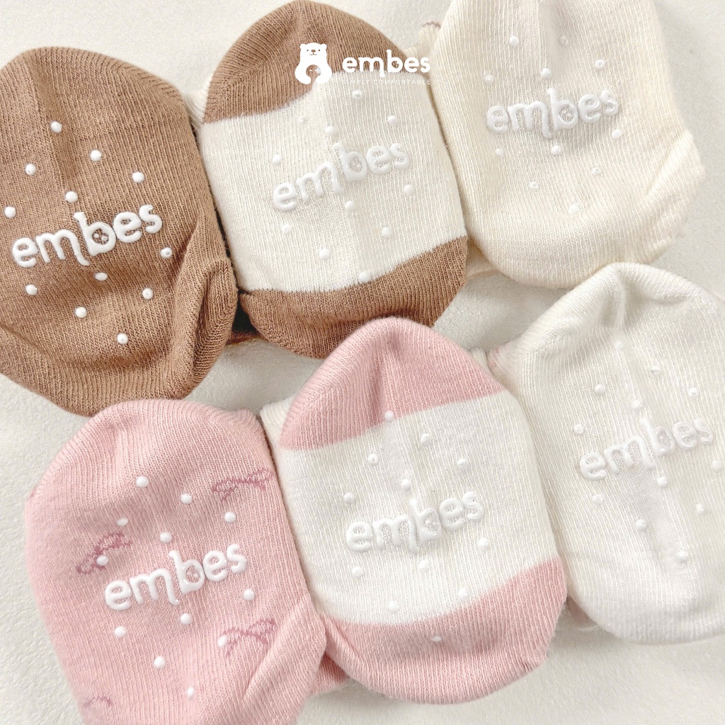 Tất Cho Bé Embes, Set 3 Đôi Vớ Chống Trơn Chất Cotton Mềm Mại Co Giãn Cho Bé Trai Bé Gái Từ 1-4 Tuổi