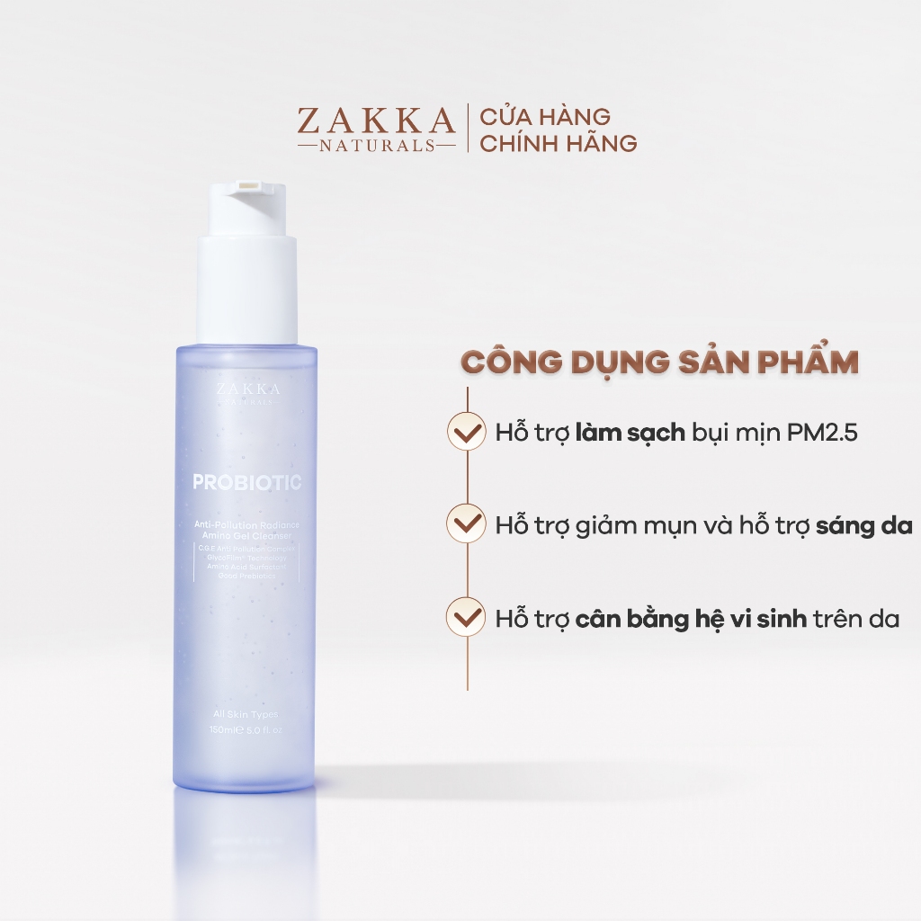 Combo 2 Gel Rửa Mặt Sạch Bụi Mịn Probiotic Anti-Pollution Radiance Amino Gel Zakka Naturals 150ml