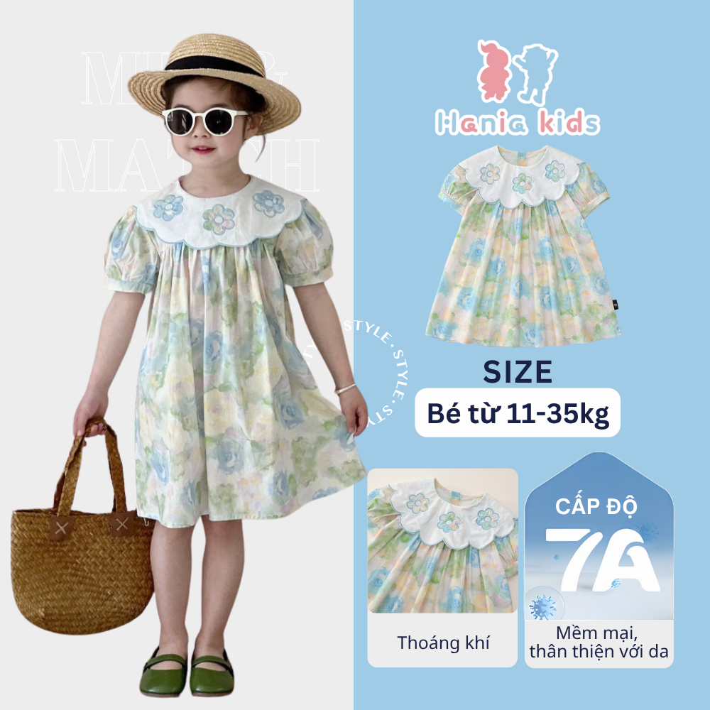 Váy Bé Gái Hania Kids Dáng Xòe Họa Tiết Hoa To Nổi Bật, Cổ Trắng Phối Thêu Hoa Xinh Xắn