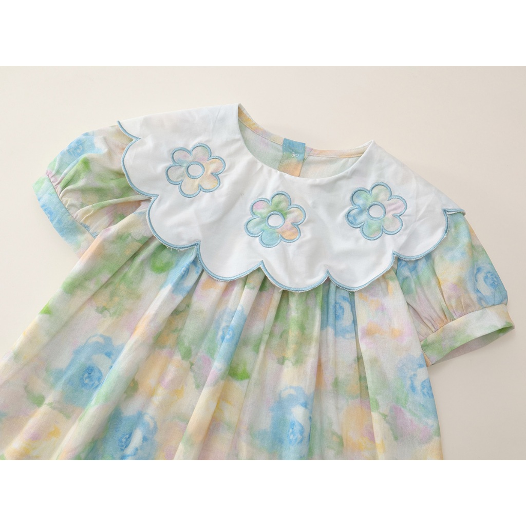 Váy Bé Gái Hania Kids Dáng Xòe Họa Tiết Hoa To Nổi Bật, Cổ Trắng Phối Thêu Hoa Xinh Xắn