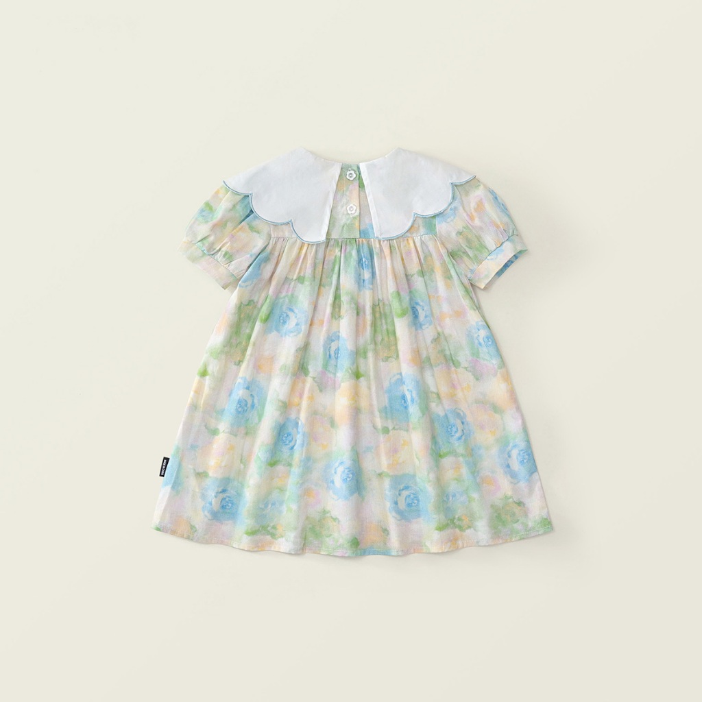 Váy Bé Gái Hania Kids Dáng Xòe Họa Tiết Hoa To Nổi Bật, Cổ Trắng Phối Thêu Hoa Xinh Xắn