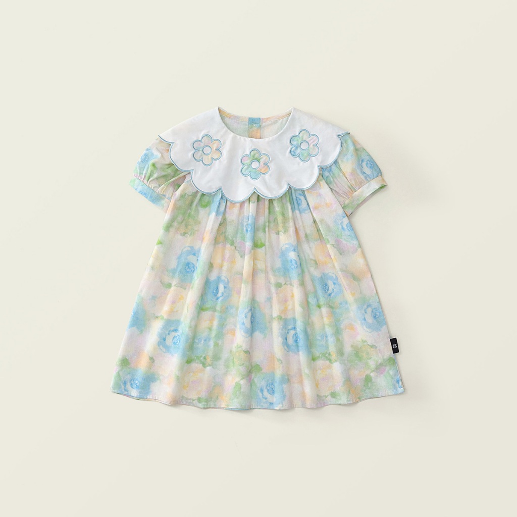 Váy Bé Gái Hania Kids Dáng Xòe Họa Tiết Hoa To Nổi Bật, Cổ Trắng Phối Thêu Hoa Xinh Xắn