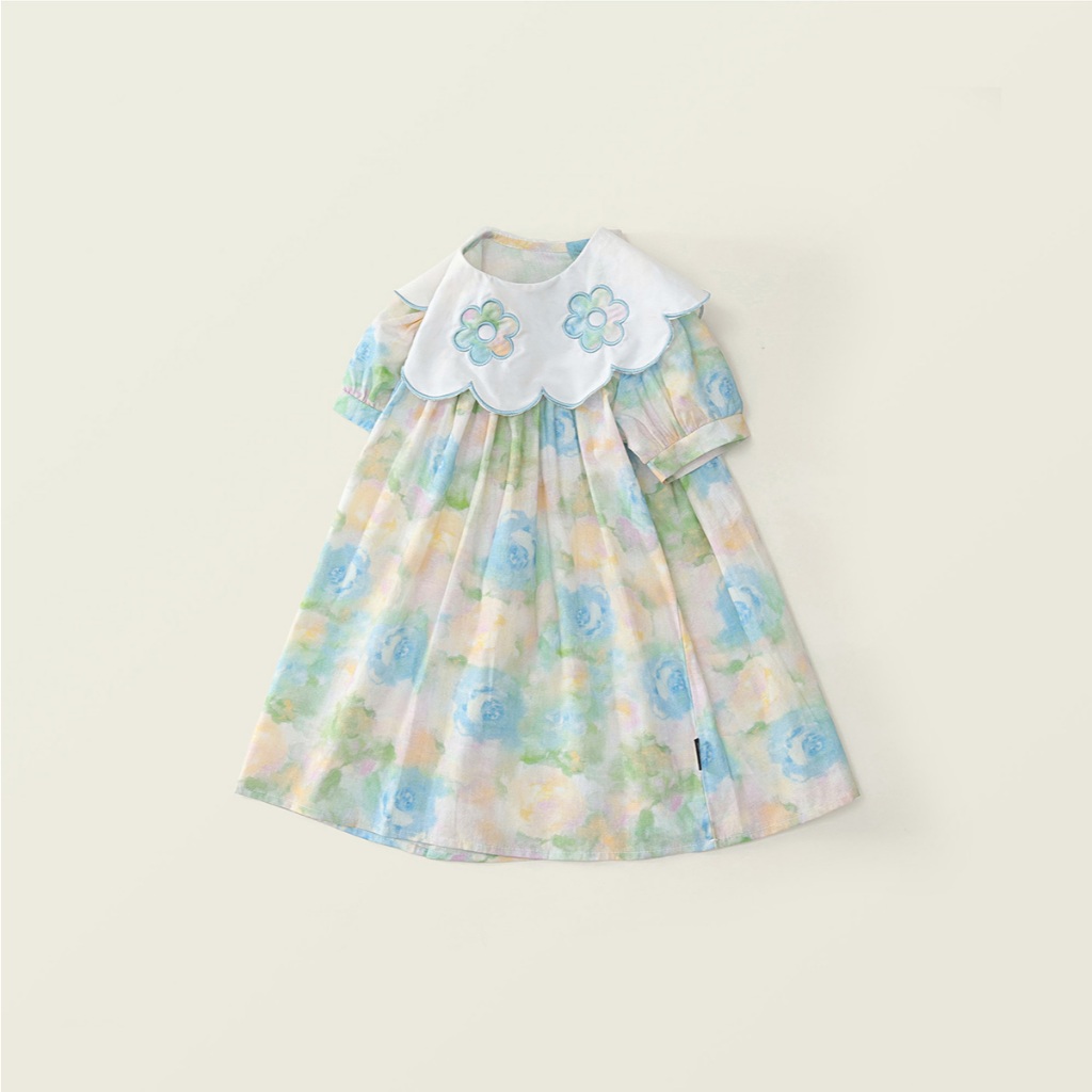 Váy Bé Gái Hania Kids Dáng Xòe Họa Tiết Hoa To Nổi Bật, Cổ Trắng Phối Thêu Hoa Xinh Xắn
