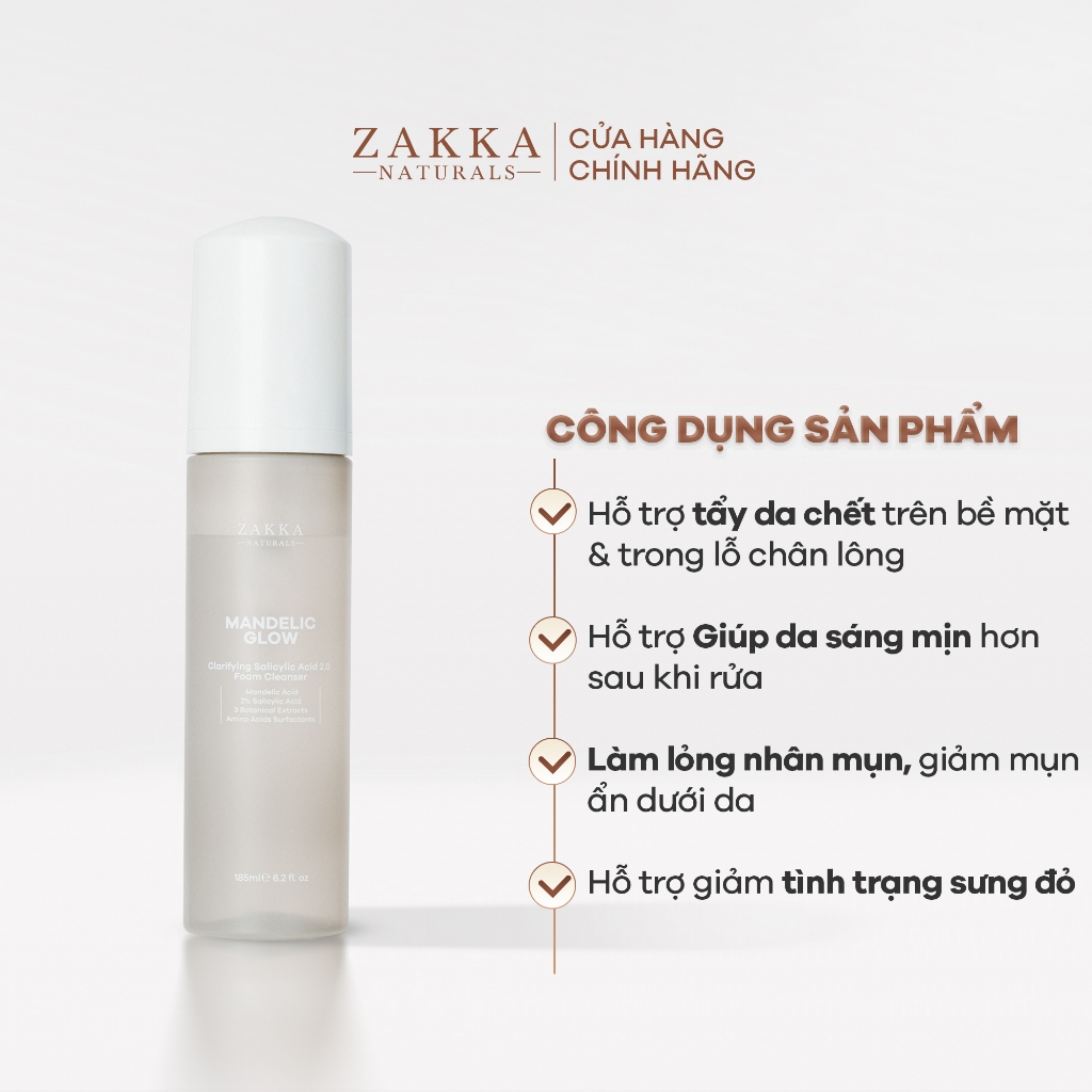Combo 2 Sữa rửa mặt tạo bọt BHA, AHA Mandelic Glow Zakka Naturals 185ml