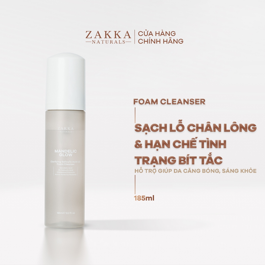 Combo 2 Sữa rửa mặt tạo bọt BHA, AHA Mandelic Glow Zakka Naturals 185ml