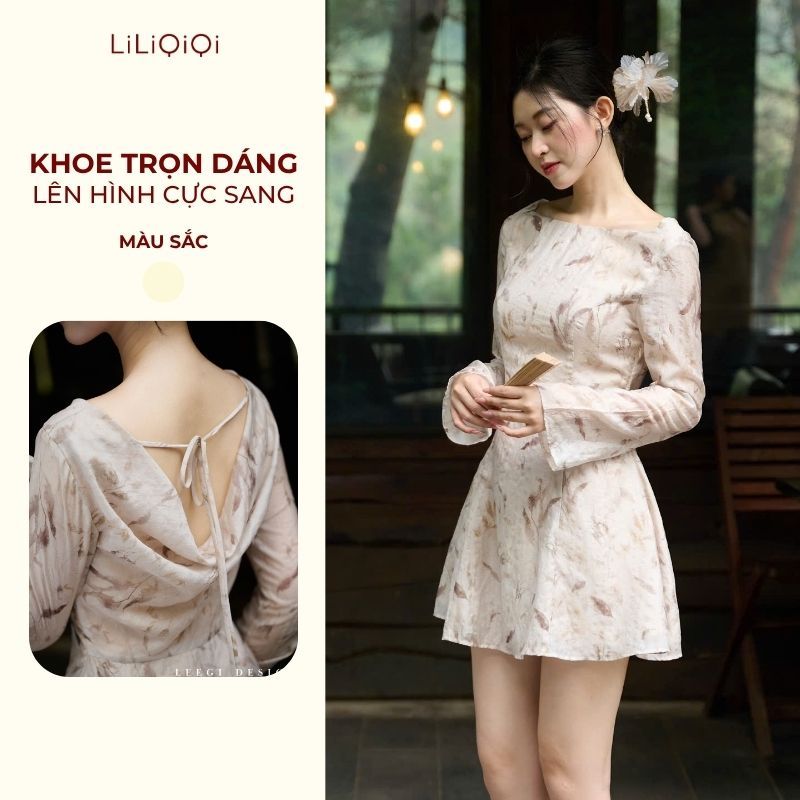 [KOL] Váy Nữ Sang Chảnh Dáng Ngắn Tơ Họa Tiết Xước Cổ Đổ Sau Lưng ROMAN LiLiQiQi By LeeGi - VN907
